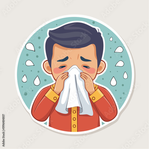 Cartoon Man Blowing Nose with Tissue