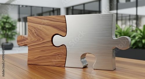Seamless connection Wooden and metallic puzzle pieces fit perfectly on an office table, symbolizing partnership, collaboration, and integrating diverse elements for business solutions