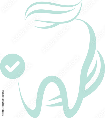A stylized illustration of a tooth with a check mark, representing dental health and care, in a minimalist design