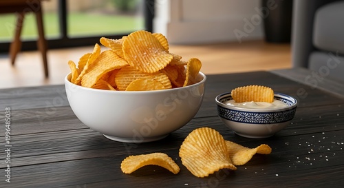 A tempting bowl of crunchy, ridged potato chips accompanied by a flavorful dip and scattered salt on a rustic wooden table, perfect for a delicious snack or appetizer