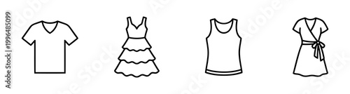 Collection of fashion garment icons including t-shirt, dress, and tunic