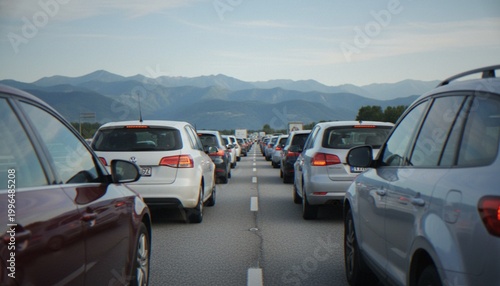 Bilde på lerret A long line of cars stuck in heavy traffic on a highway during the day with scenic mountains in the background