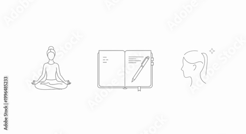 Minimalist line art icons for meditation journaling and mindfulness