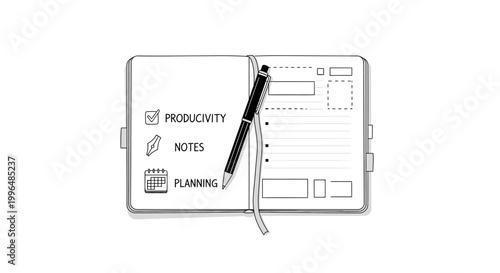 Minimalist line art notebook with pen for productivity planning