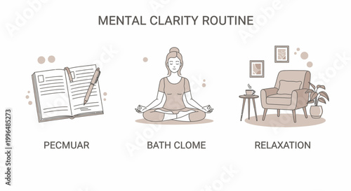 Minimalist mental clarity routine illustration with meditation and journaling