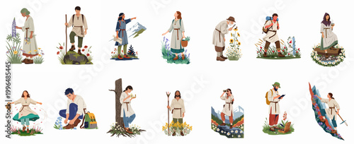 Canvastavla Collection of diverse people in rustic attire engaged in various outdoor nature exploration and hiking activities, presented in a flat illustration style