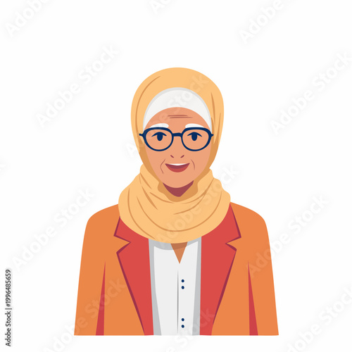 Elderly Muslim Woman Wearing Hijab and Glasses