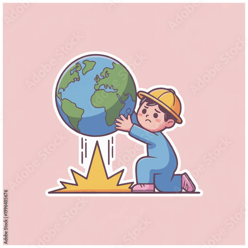 Child holding the planet earth with a determined expression.
