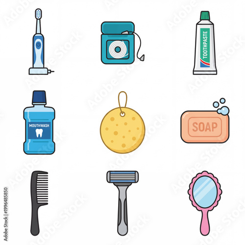 Collection of hygiene and personal care items for daily routine.