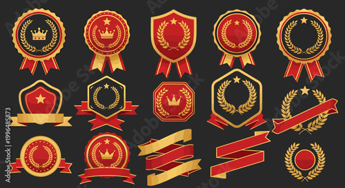 Collection of gold and red award ribbons and circular medals with laurel wreaths.