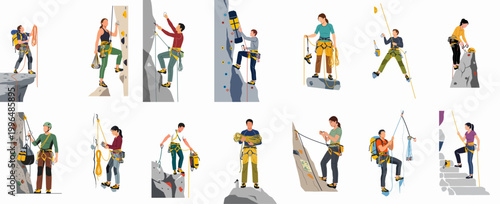 Collection of diverse rock climbers and mountaineers with professional equipment, engaged in various climbing activities and maneuvers on a white background.