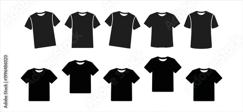 A collection of plain black t-shirts arranged in two rows for sale