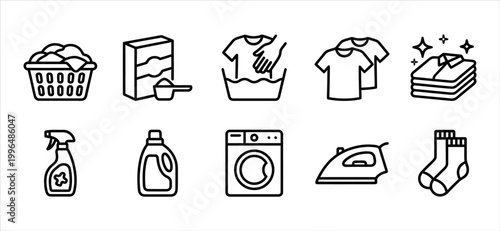 Essential Laundry and Washing Process Line Icons Set for Daily Chores
