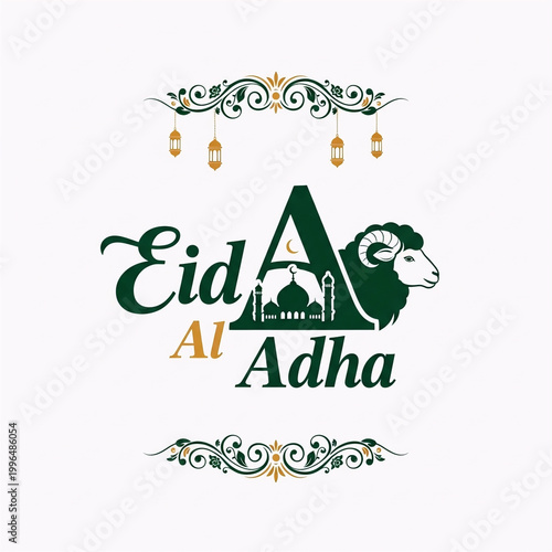 Elegant Eid Al-Adha Typography with Ram and Mosque Illustration