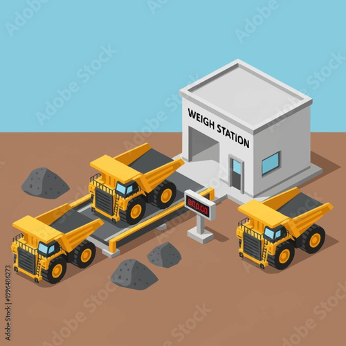 Industrial weigh station with yellow dump trucks.