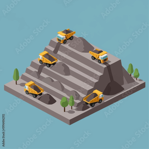Isometric illustration of mining trucks on a quarry.