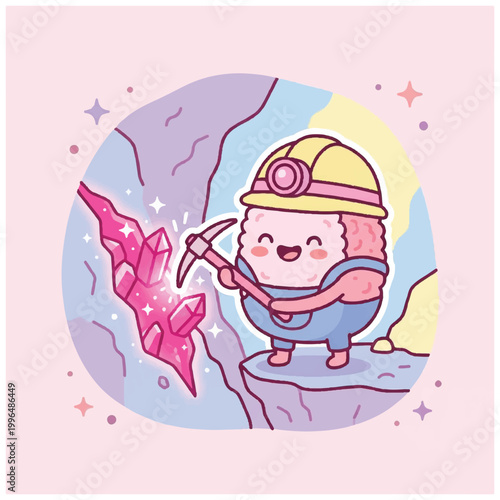 Cute cartoon miner character digging for pink crystals in a cave.