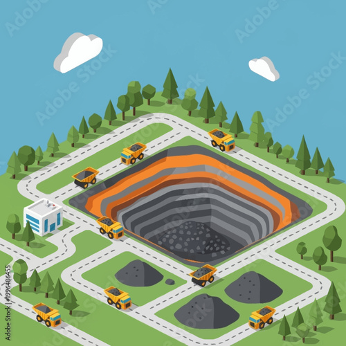 An open pit mine with heavy machinery.