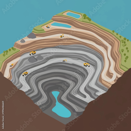 Cross-section illustration of open pit mine with layers of earth and mining vehicles.