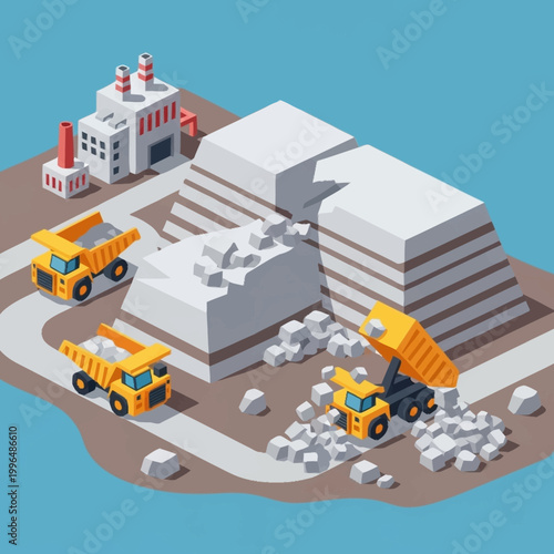 Isometric illustration of a quarry mining operation with heavy machinery.