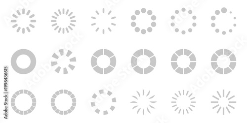 Set of eighteen circular loading spinner in light gray isolated on transparent background