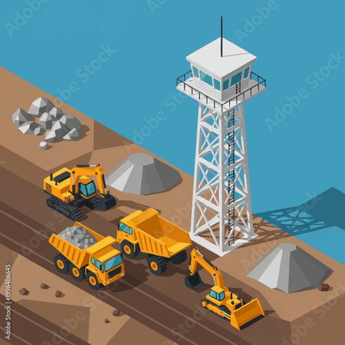 Isometric illustration of mining site operations.