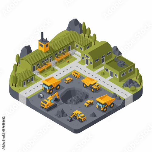 Isometric illustration of a mining site.