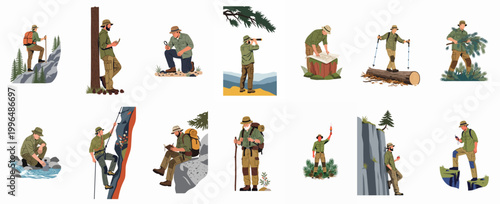 Set of vector illustrations showing men in ranger outfits engaged in various outdoor activities like hiking, climbing, navigating, and exploring nature.