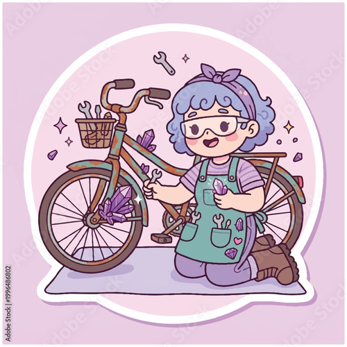 Cute girl fixing bicycle with tools and crystals.