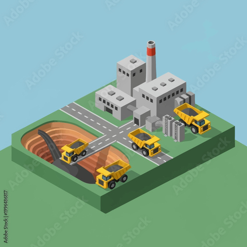 Isometric illustration of industrial factory complex with mining vehicles.