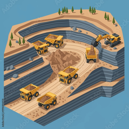 Isometric illustration of mining operations with heavy machinery.
