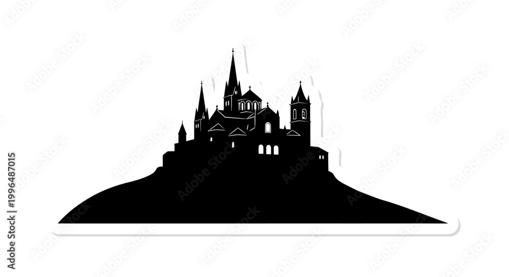 Obraz premium Black silhouette of a medieval castle on a hill, isolated on white background