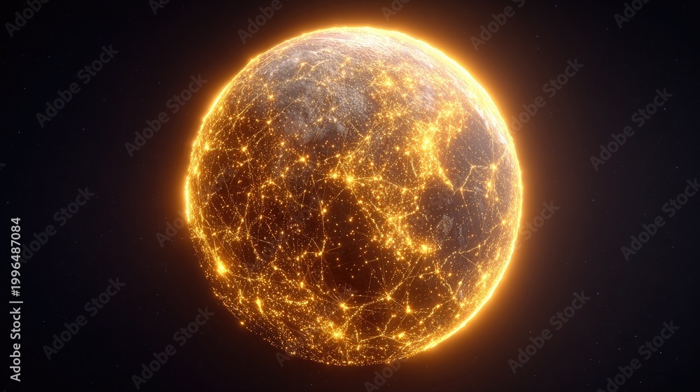 Fototapeta premium Glowing Earth with Network Connections Illuminated by Light in Dark Space Setting for Technology and Science Concepts