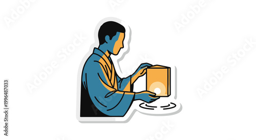 Foto Man in traditional Japanese kimono holding a glowing lantern, peaceful enlighten