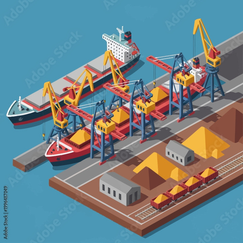 cargo ships and cranes at industrial port with train on dockside.