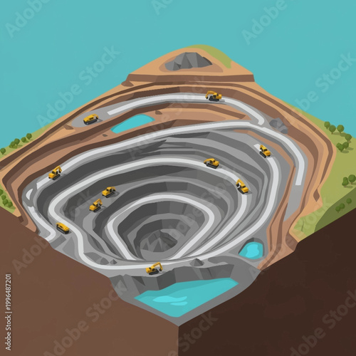 Open pit mine excavation process diagram.