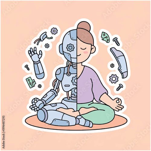 Woman Meditating Half Human Half Robot Fusion Concept.