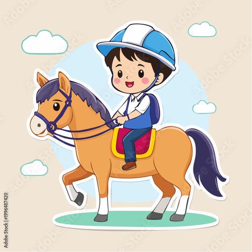 Cute Cartoon Child Riding a Horse