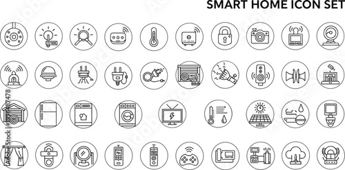 Smart home icon set in circular outline style featuring automation security devices smart appliances and modern IoT technology symbols