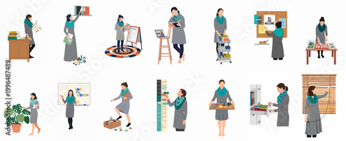 Konstfotografi Vector illustration set of a special education teacher performing various classroom tasks, including organization, inclusive teaching, and school supply management