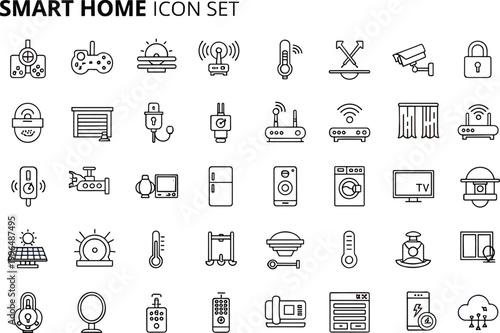 Smart home automation technology line icon set with security devices lighting sensors appliances connectivity monitoring system vector collection