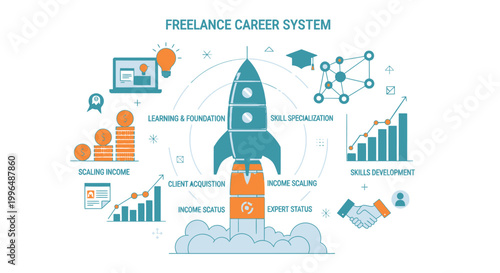 Freelance career system infographic with rocket ship and business icons
