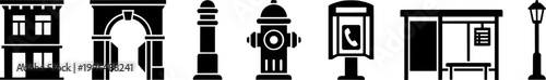 Urban street furniture icons featuring a newsstand, bicycle racks, a bollard, a fire hydrant, and a public telephone booth, perfect for city infrastructure projects and urban environment
