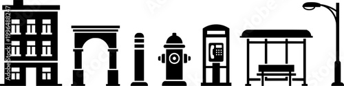 Urban street furniture icons featuring a newsstand, bicycle racks, a bollard, a fire hydrant, and a public telephone booth, perfect for city infrastructure projects and urban environment