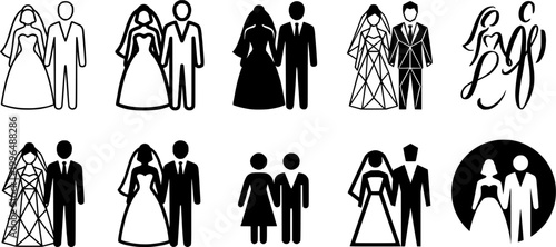 Collection of wedding and celebration icons including arch, bride groom, guestbook, dinner table, and candles for event invitation and decor needs.
