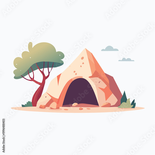 Stylized illustration of a cave entrance with a tree and clouds