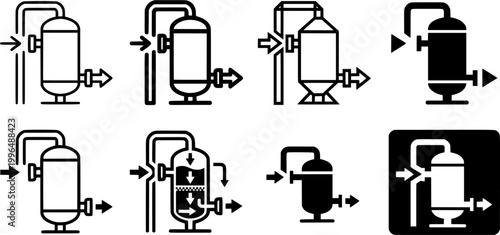 Collection of water treatment and purification process icons representing industrial facilities, chemical dosing, filtration systems, and environmental monitoring for technical diagrams