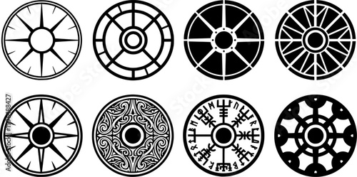 Collection of ancient Viking and Norse medieval shield and warrior symbols ideal for historical themed projects gaming logos or graphic asset creation
