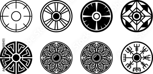Collection of ancient Viking and Norse medieval shield and warrior symbols ideal for historical themed projects gaming logos or graphic asset creation
