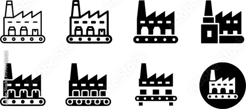 Industrial process and waste management icon collection illustrating manufacturing, recycling, energy production, and environmental protection concepts for various business and educational
